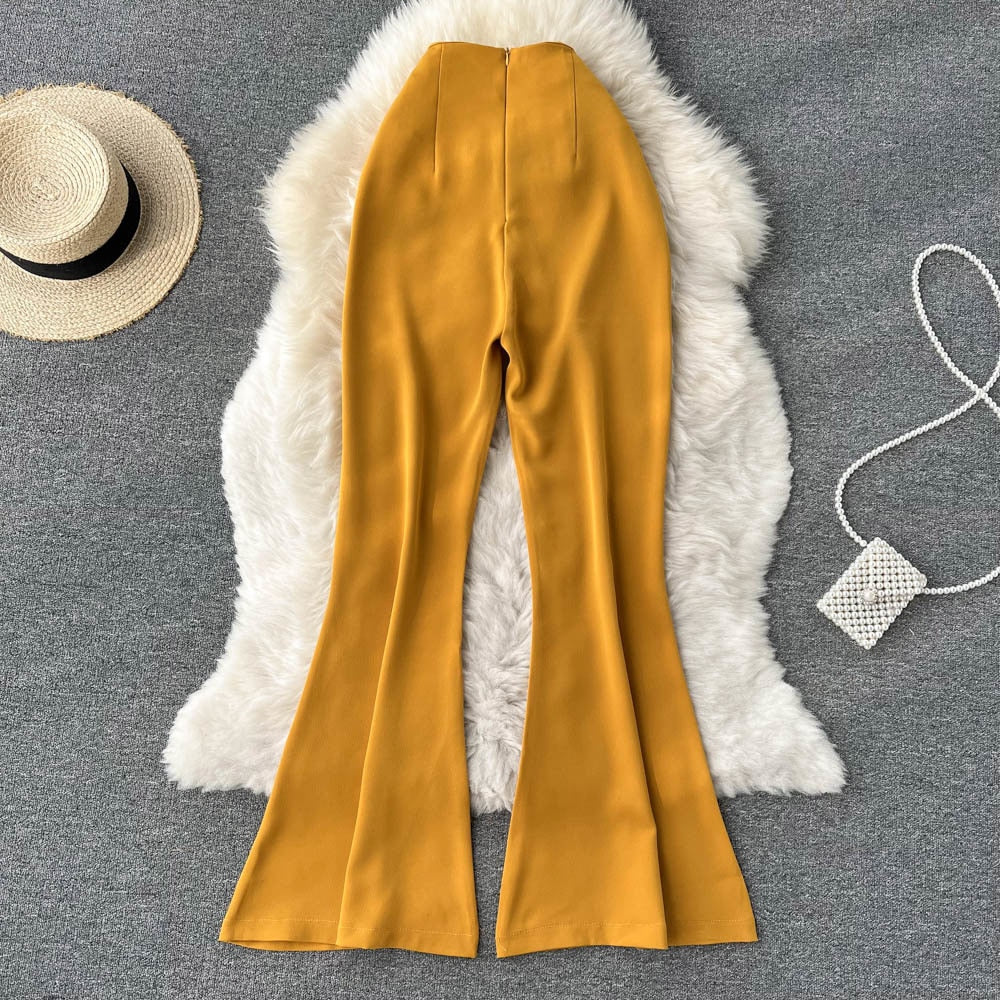 maoxiangshop Women Sprint Pants Solid Colar High Waist Slim Flare Pants Elegant Office Lady Yellow Black Full Length Casual Trousers