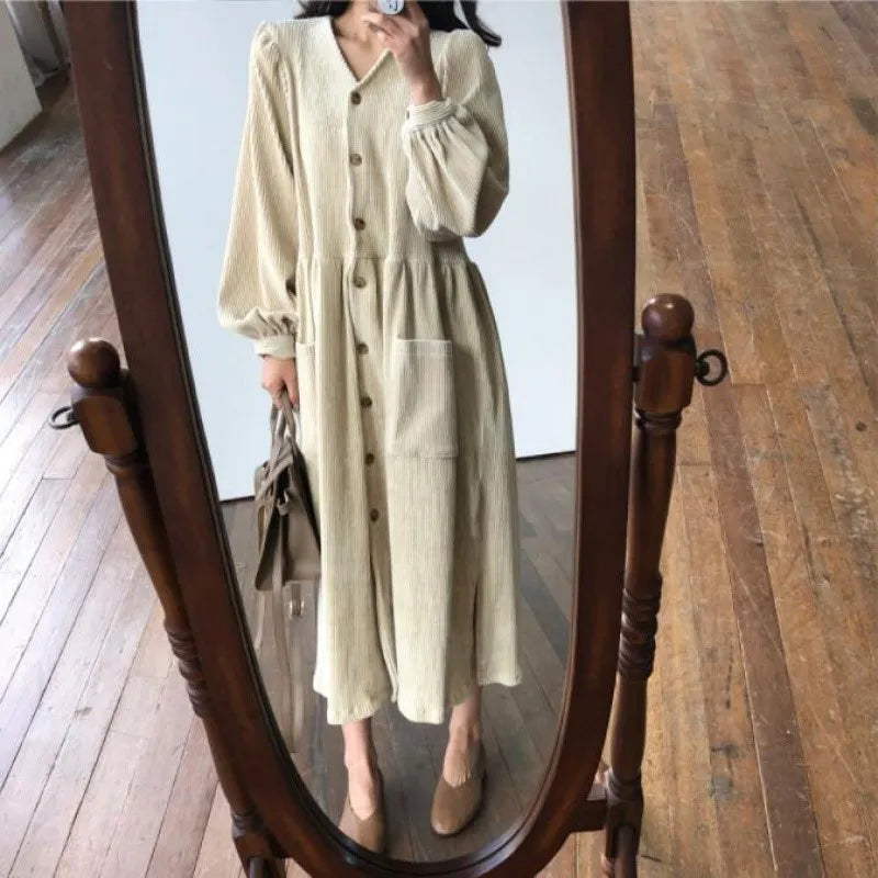 maoxiangshop Women Autumn Winter Vintage Long Dress Elegant Full Sleeve Single Breasted Tunic Casual Corduroy Dress with Pocket Vestidos