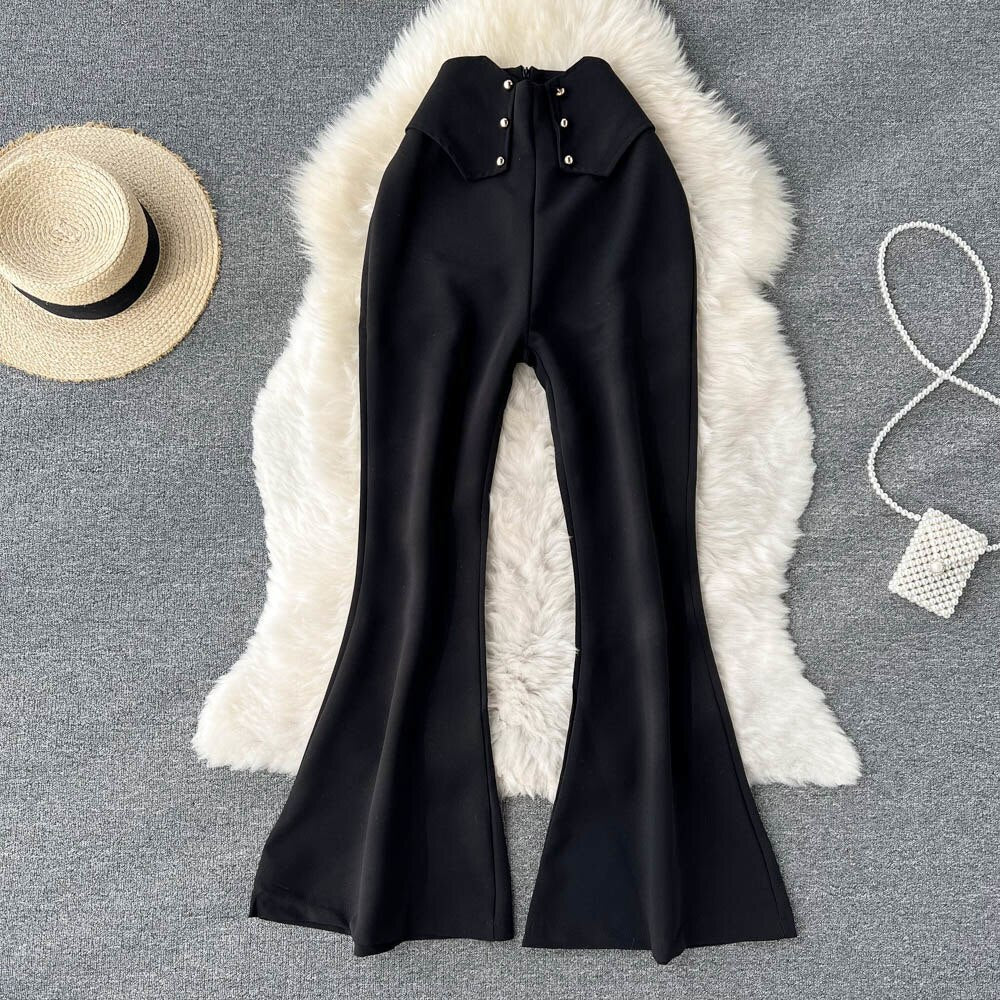 maoxiangshop Women Sprint Pants Solid Colar High Waist Slim Flare Pants Elegant Office Lady Yellow Black Full Length Casual Trousers