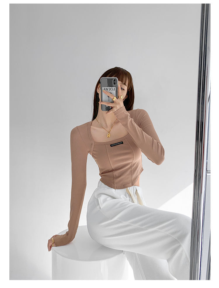 maoxiangshop American Style Brown Cropped Top Women Fashion Skinny Sexy Long Sleeve T Shirts Female Casual Square Neck Tees