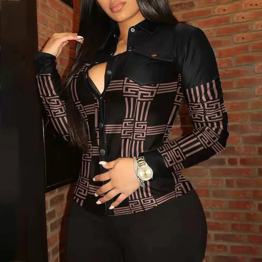 maoxiangshop PU Leather Shirt Tops For Women Spring Autumn Fashion Lapel Single-breasted Pocket Patchwork Slim Ladies Shirt