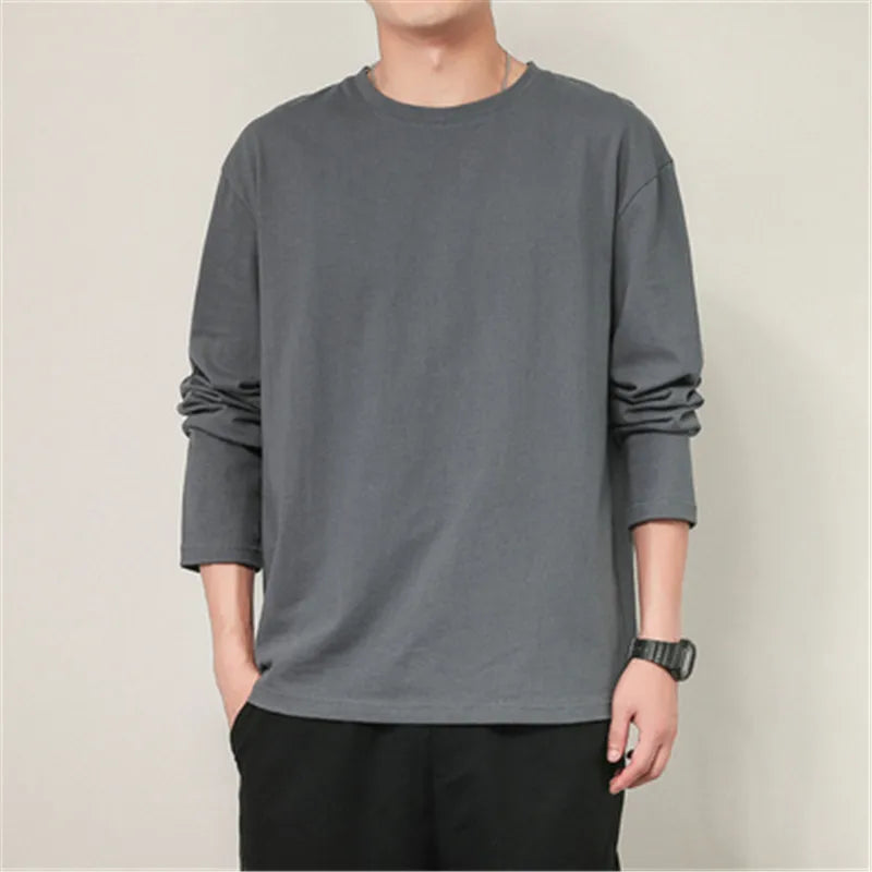 maoxiangshop 100% Cotton T Shirt Men Solid Color Long Sleeves O Neck Mens Tshirt Casual Streetwear Man Pullover Tops Tees Plus Size 5Xl