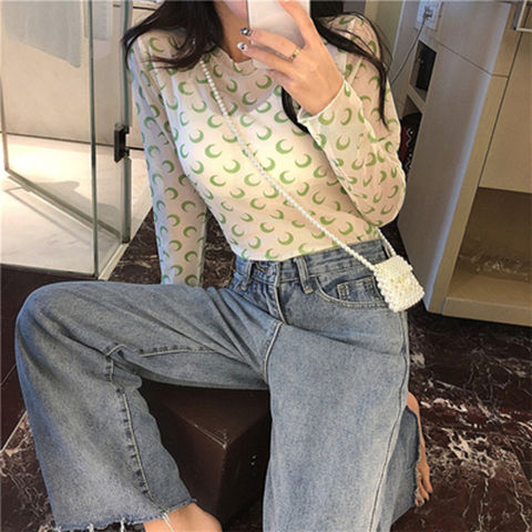 maoxiangshop Angel Print Sheer Blue Black Mesh Long Sleeve Blouse Shirts Women Spring Summer Pullovers Elegant Sexy See Through Tops