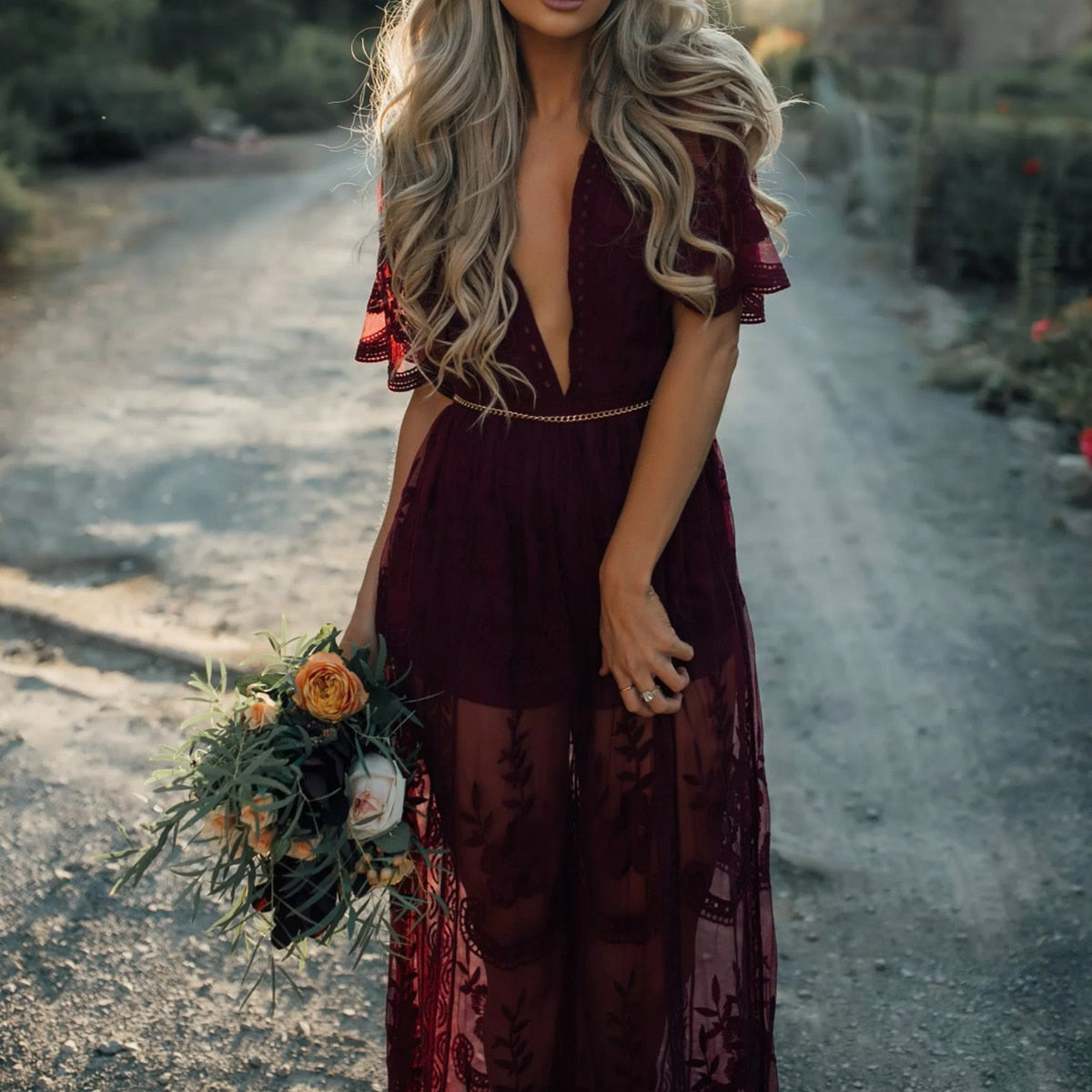 Women Summer Dresses V-Neck Short Sleeve High Waist Slit Lace Perspective Maxi Dress Sexy Beach Prom Robe(no lining)