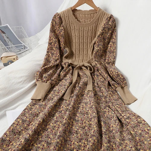maoxiangshop Corduroy Floral Women Dresses Vintage Knitted Patchwork Vestidos De Mujer Sweet Korean Long Dress A-line