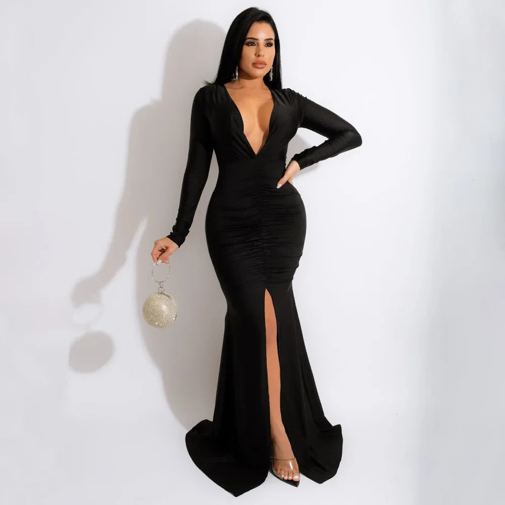 maoxiangshop Dresses for Women Evening Party Dress Long Bodycon Dress Sexy Party Dresses Winter Clothes for Women Long Sleeve V-neck