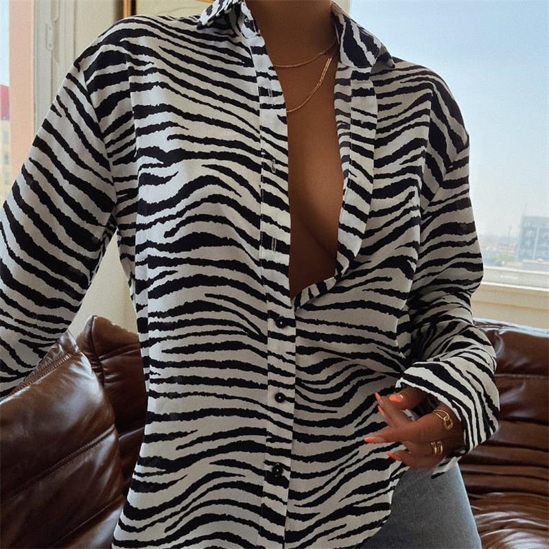 maoxiangshop Fashion Women's Shirts Button Down Lapel Abstract/Zebra Print Long Sleeve Loose Shirt Femme Tops Autumn New