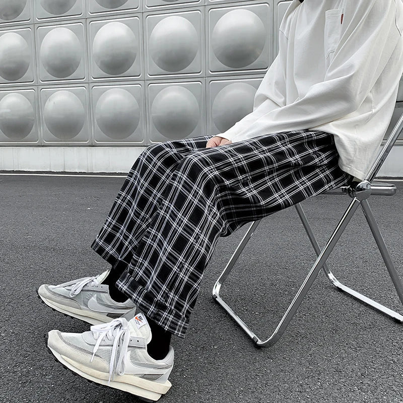 maoxiangshop Men Casual Pants Plaid Ankle Length Loose Wide Leg All-match Elastic Waist Fashion Trousers Streetwear Harajuku Korean Retro Ins