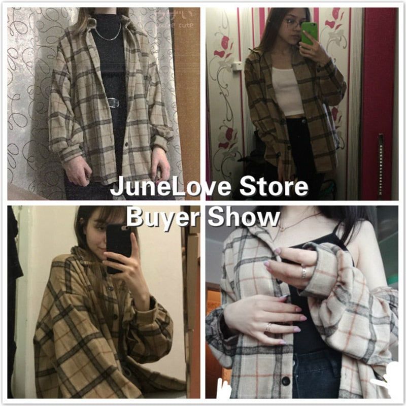 maoxiangshop Female Autumn Street Blouse Shirts Vintage Oversized Plaid Flannel Boyfriend Tunic Shirt for Women Casual Korean Tops