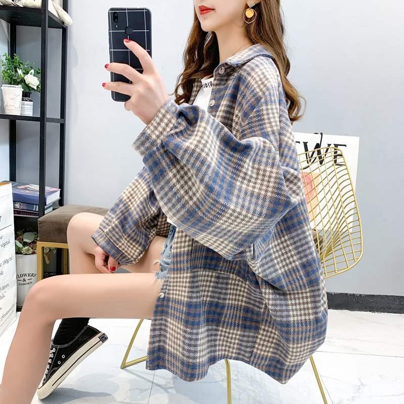 maoxiangshop Female Autumn Street Blouse Shirts Vintage Oversized Plaid Flannel Boyfriend Tunic Shirt for Women Casual Korean Tops