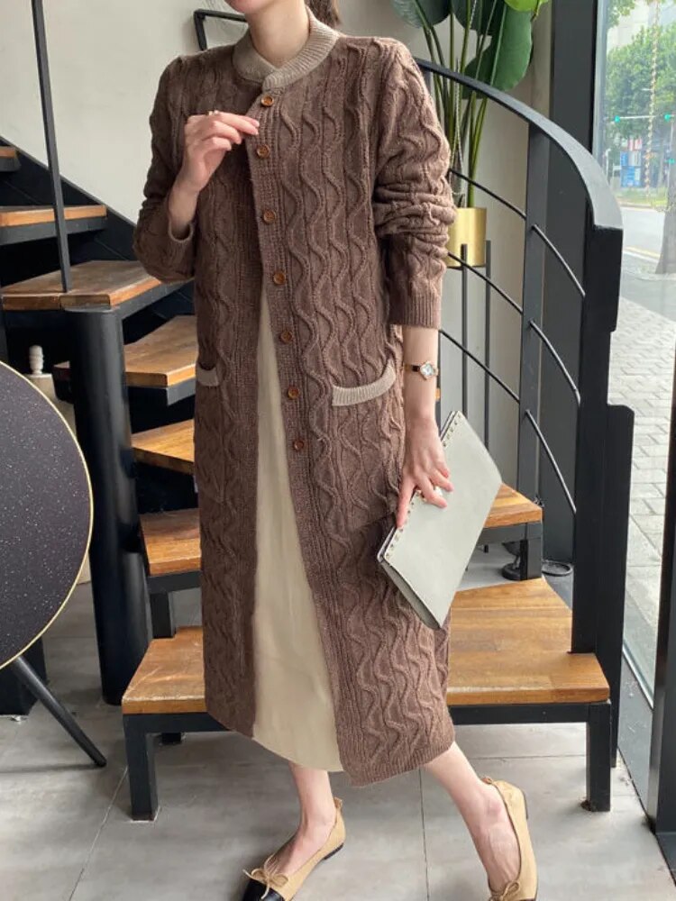 maoxiangshopMIDI Style Cardigan Oversized Sweater Cardigan Feminino Korean Fashion Patchwork Long Sleeve Top Autumn Winter Clothes Women