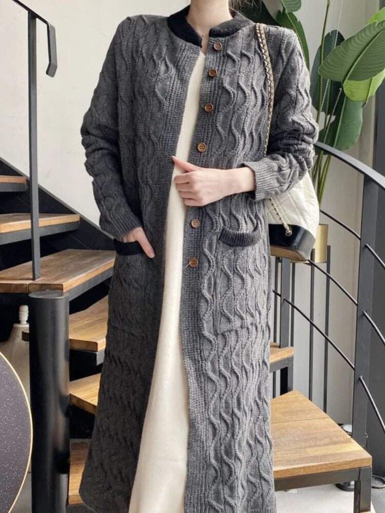 maoxiangshopMIDI Style Cardigan Oversized Sweater Cardigan Feminino Korean Fashion Patchwork Long Sleeve Top Autumn Winter Clothes Women