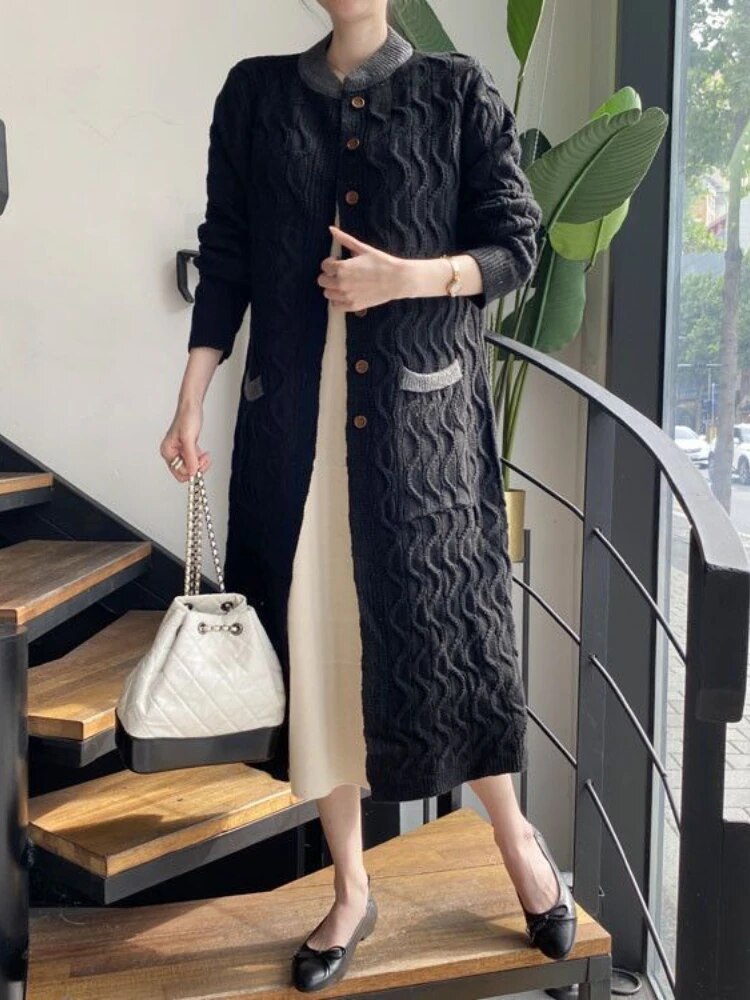 maoxiangshopMIDI Style Cardigan Oversized Sweater Cardigan Feminino Korean Fashion Patchwork Long Sleeve Top Autumn Winter Clothes Women