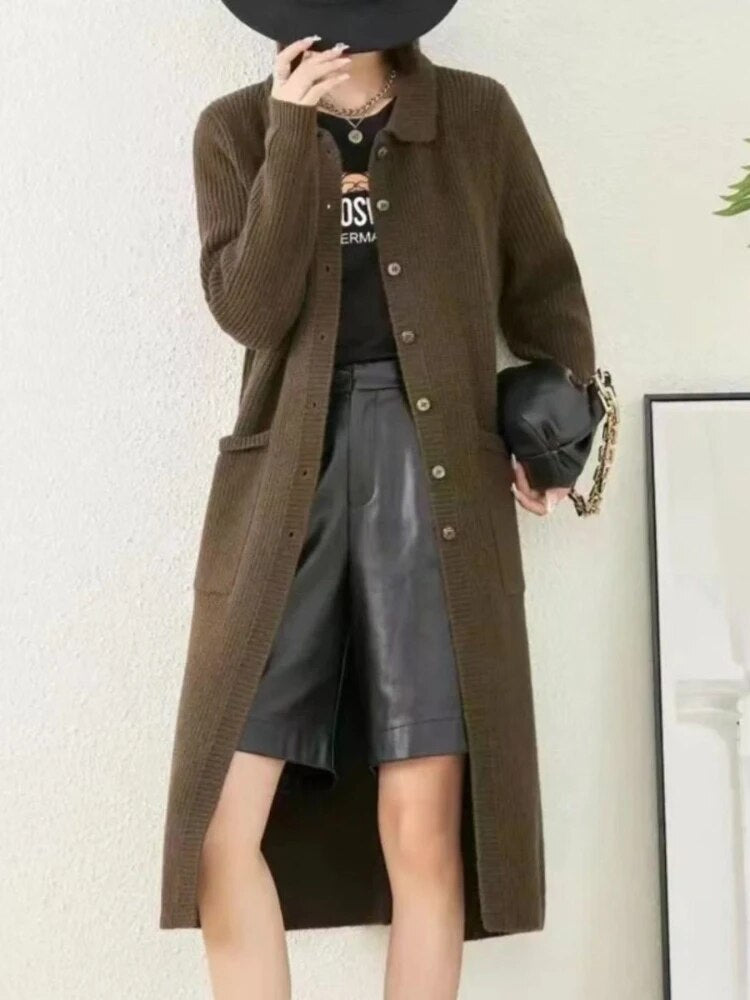 maoxiangshopMIDI Style Cardigan Oversized Sweater Cardigan Feminino Korean Fashion Patchwork Long Sleeve Top Autumn Winter Clothes Women