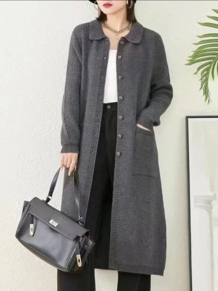maoxiangshopMIDI Style Cardigan Oversized Sweater Cardigan Feminino Korean Fashion Patchwork Long Sleeve Top Autumn Winter Clothes Women