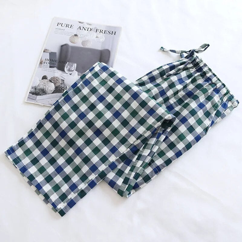 maoxiangshopMen's Cotton Gauze Trousers Plaid Knitted Sleep Pants Woman Pajamas Pants Bottoms Sleepwear Short for Couples Pijama Hombre