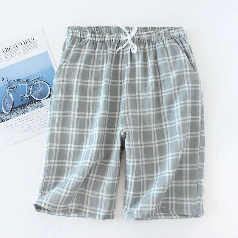 maoxiangshopMen's Cotton Gauze Trousers Plaid Knitted Sleep Pants Woman Pajamas Pants Bottoms Sleepwear Short for Couples Pijama Hombre