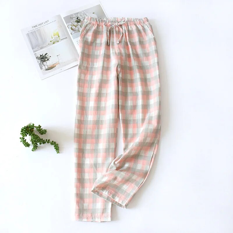 maoxiangshopMen's Cotton Gauze Trousers Plaid Knitted Sleep Pants Woman Pajamas Pants Bottoms Sleepwear Short for Couples Pijama Hombre