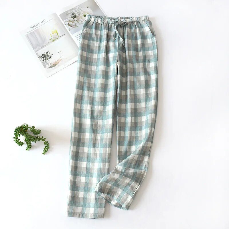 maoxiangshopMen's Cotton Gauze Trousers Plaid Knitted Sleep Pants Woman Pajamas Pants Bottoms Sleepwear Short for Couples Pijama Hombre