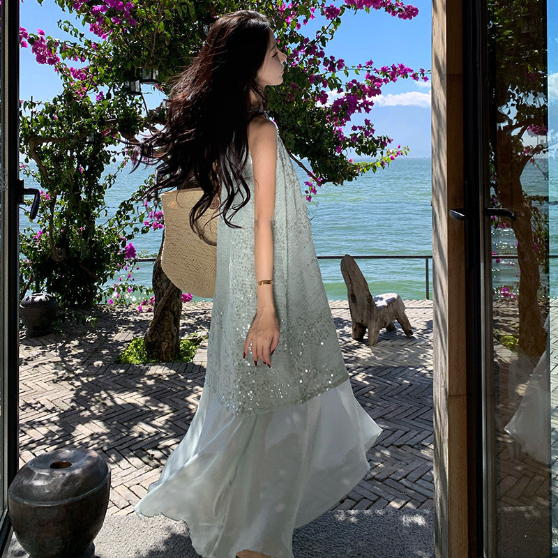 sequined holiday style skirt women's summer new bow sleeveless dress mesh stitching fake two-piece long dress