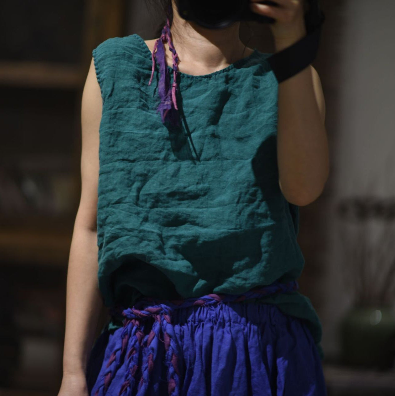 2025 24/3 SN38 simple literary sand wash solid color linen versatile round neck pullover vest