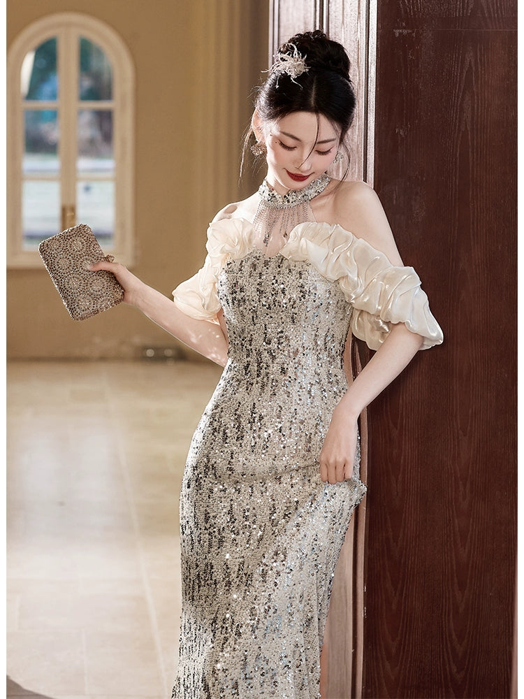 banquet evening dress women's new high-end host fishtail engagement dress high-end light luxury niche