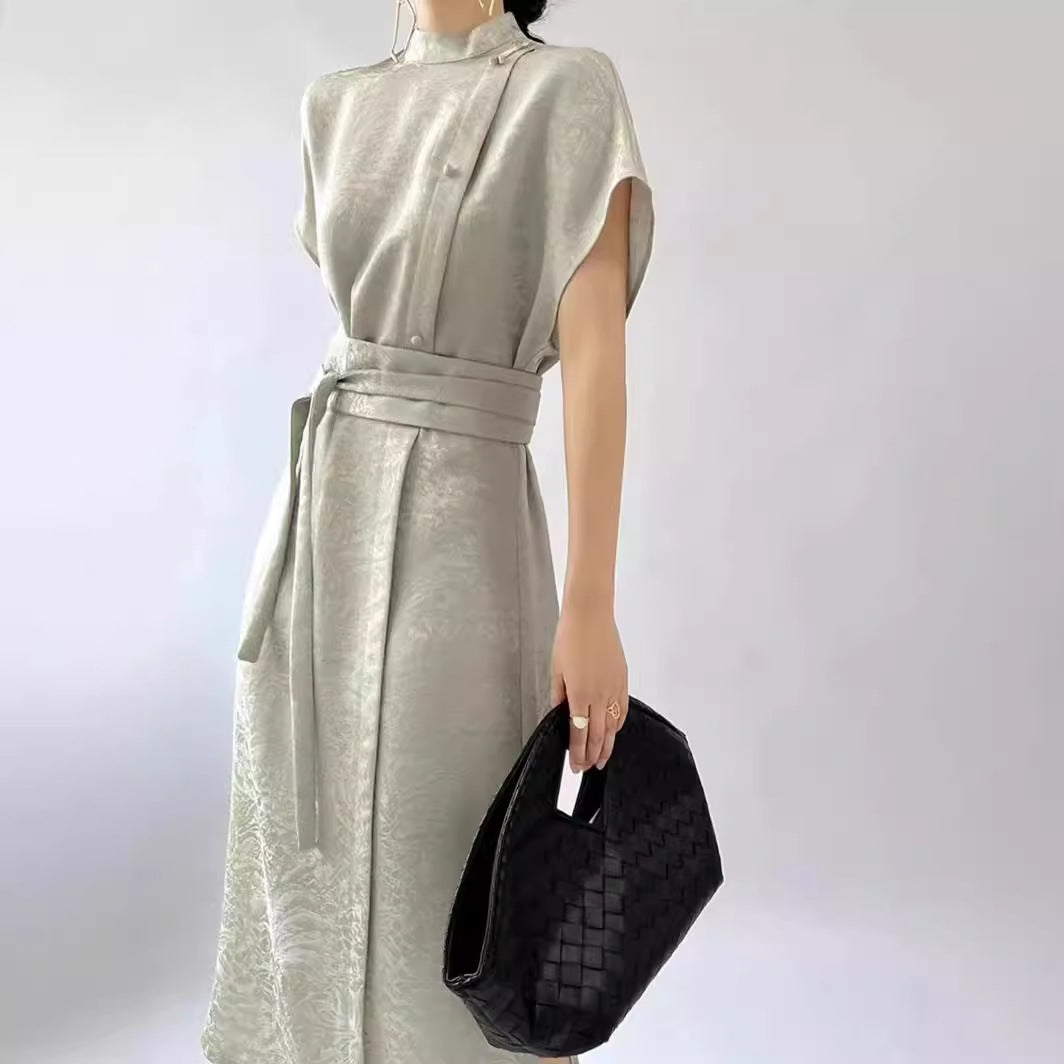 2025 High-end new Chinese jacquard asymmetrical design new strap-up slim dress high-end human silk dress