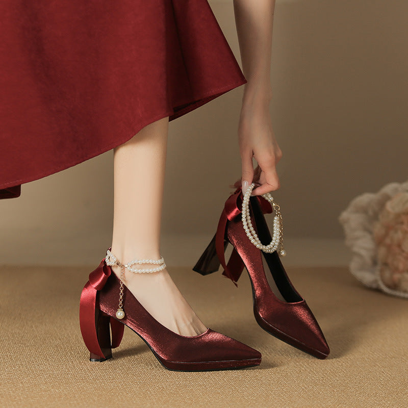 2025 8066-7 temperament suede pointed thick heel high heels women's bow pearl waterproof table high heel single shoes