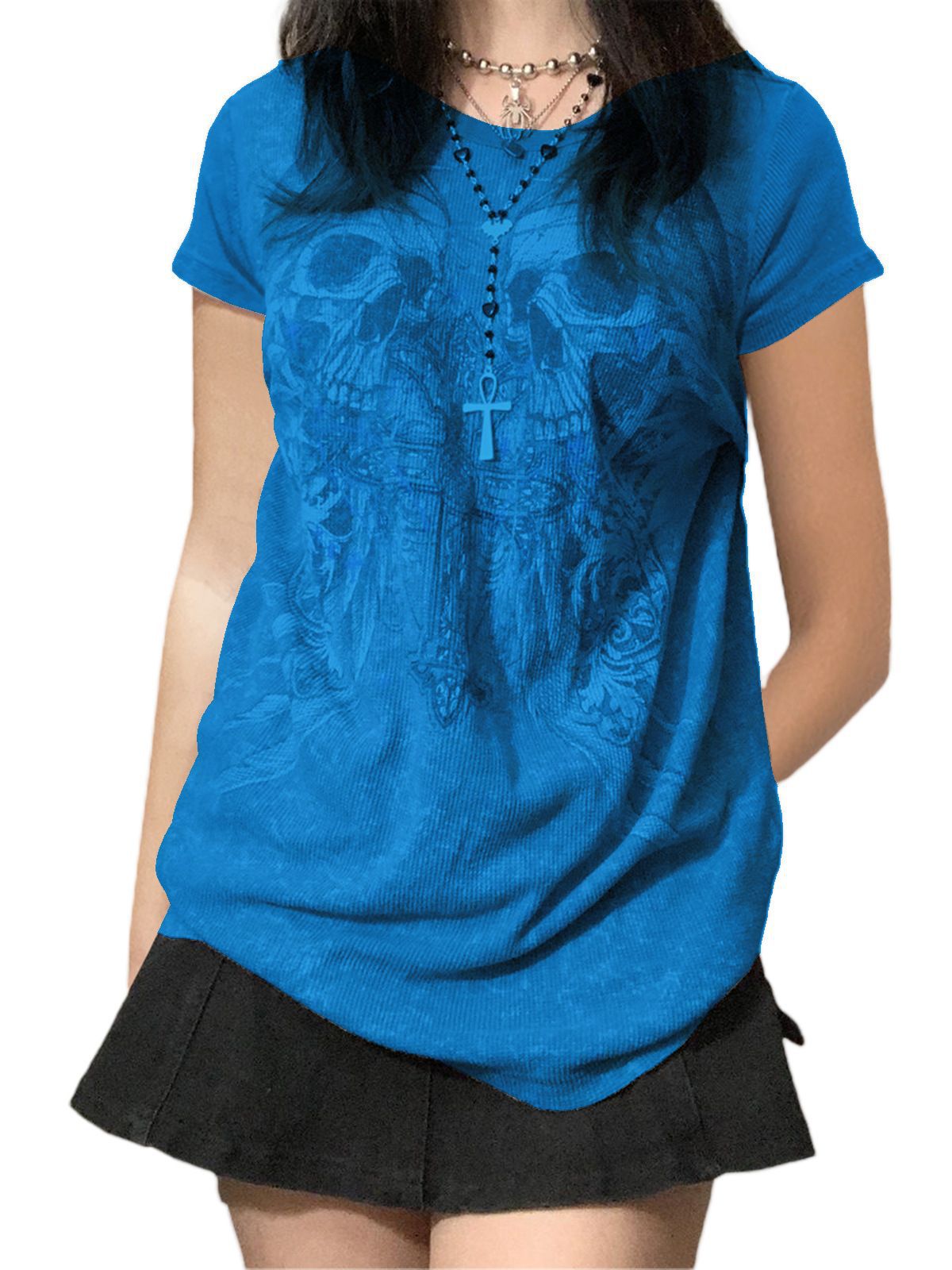 maoxiangshop 2000s fashion Summer New Casual Sweater T-shirt Halloween Skull Printed Short Sleeve Pullover Top Women's Clothing