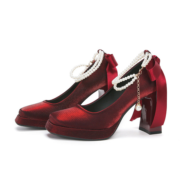 2025 8126-2 Suede Pearl Mary Jane Shoes Women's Square Head Thick Heel High Heel Single Shoes Bow Waterproof Table Single Shoes Women's