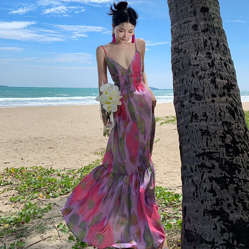 Sexy hottie deep V halter strap temperament long dress summer seaside vacation style print suspender dress