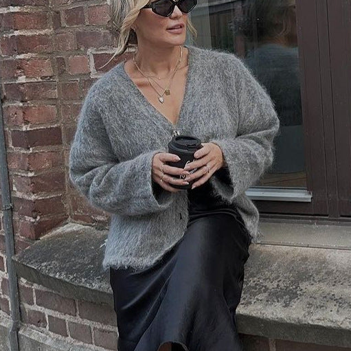 MAOXIANGSHOP 2025 Solid color V-neck knitted cardigan New lazy knitted zipper loose long-sleeved jacket sweater cardigan