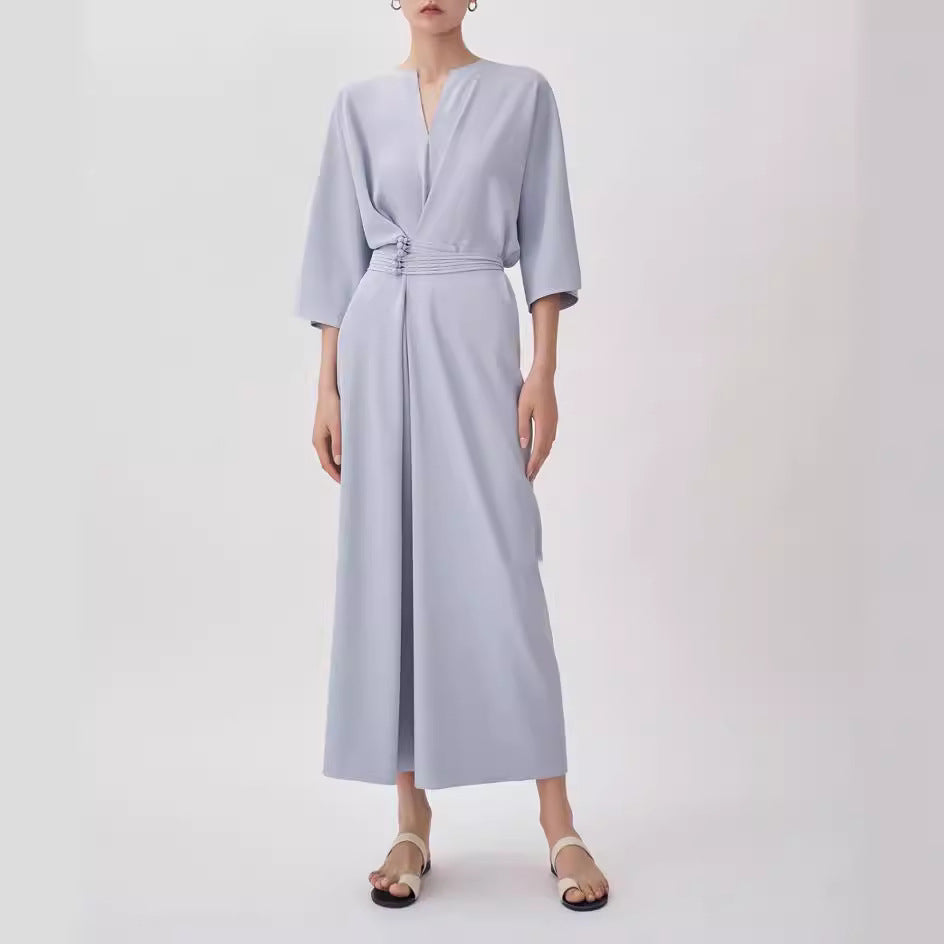 2025 2022 summer new women's clothing retro national style handmade buckle solid color v-neck dress high waist thin solid color dress