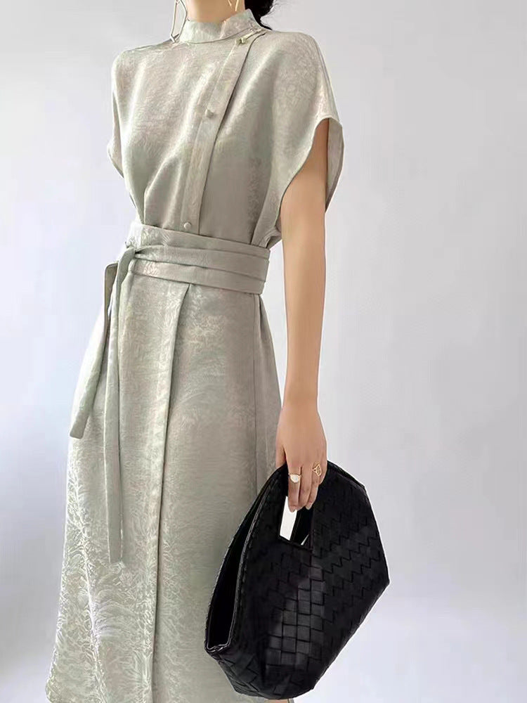 2025 High-end new Chinese jacquard asymmetrical design new strap-up slim dress high-end human silk dress