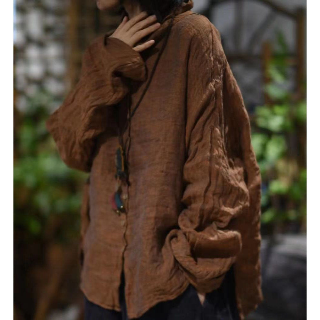 2025 23/11 Xiaochun, loose and versatile solid color yarn-dyed linen semi-turtleneck cardigan pullover bottoming shirt