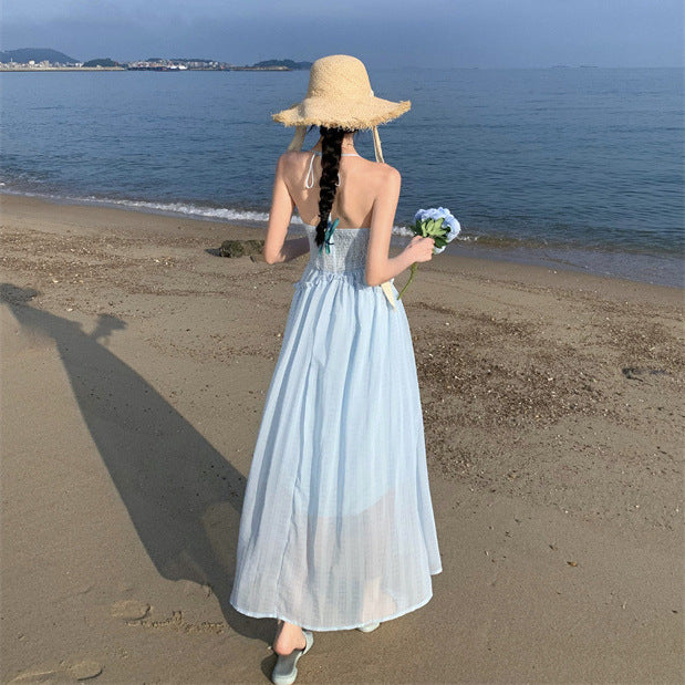 2025 Blue sleeveless suspender dress children's summer new high-end super fairy seaside vacation beach dress