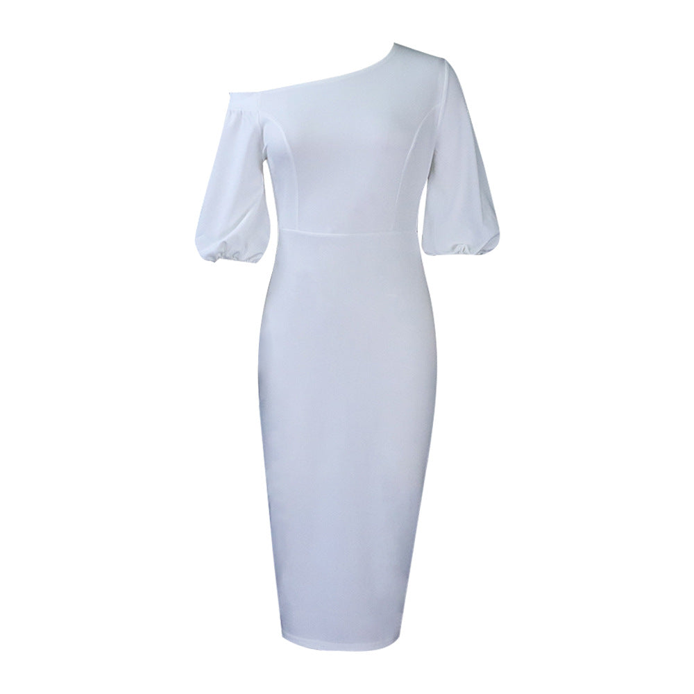 2025 D218 2025 women's clothing popular summer new solid color slanted shoulder bubble sleeves OL temperament Tongle large size New dress