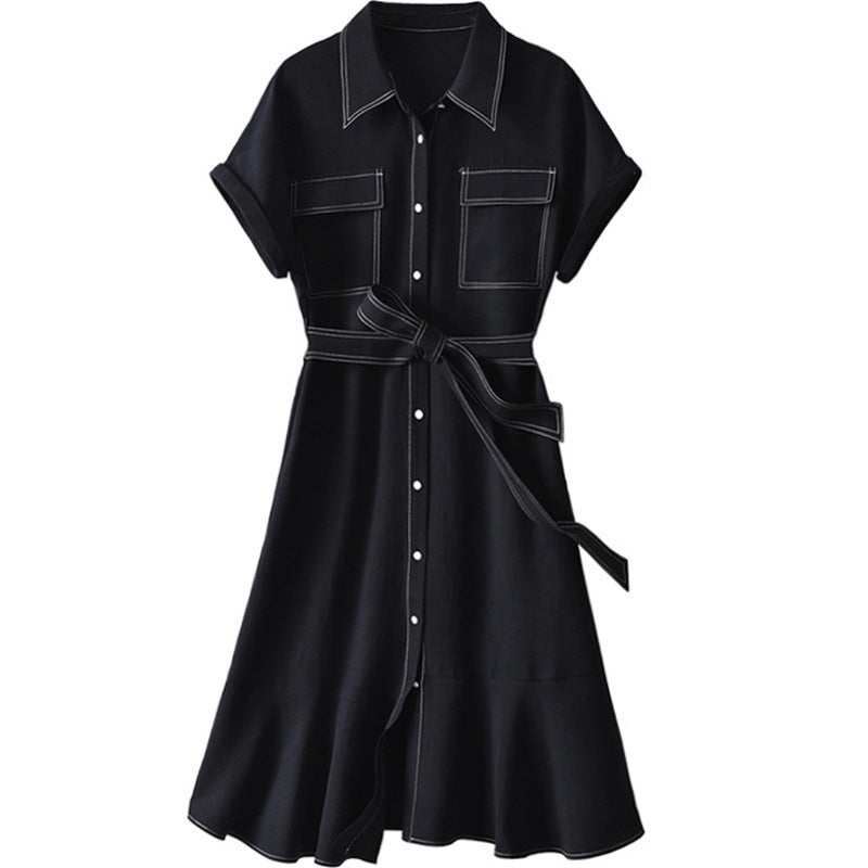 2025 Bright line tooling skirt, Lyocell linen dress temperament women's clothing summer new short-sleeved medium and long models