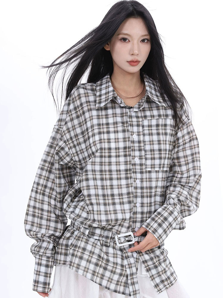 SXL2025 Spring 2025n Easy and Lazy Loose Plaid Lace-Up Shirt Women's Outer with Small Jacket Top