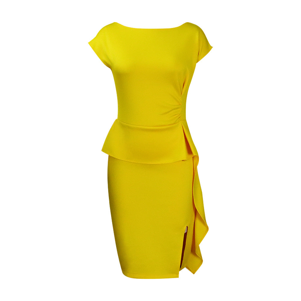 2025 D246 spot popular summer new solid color pleated ruffle edge split hip wrap professional 2025 dress