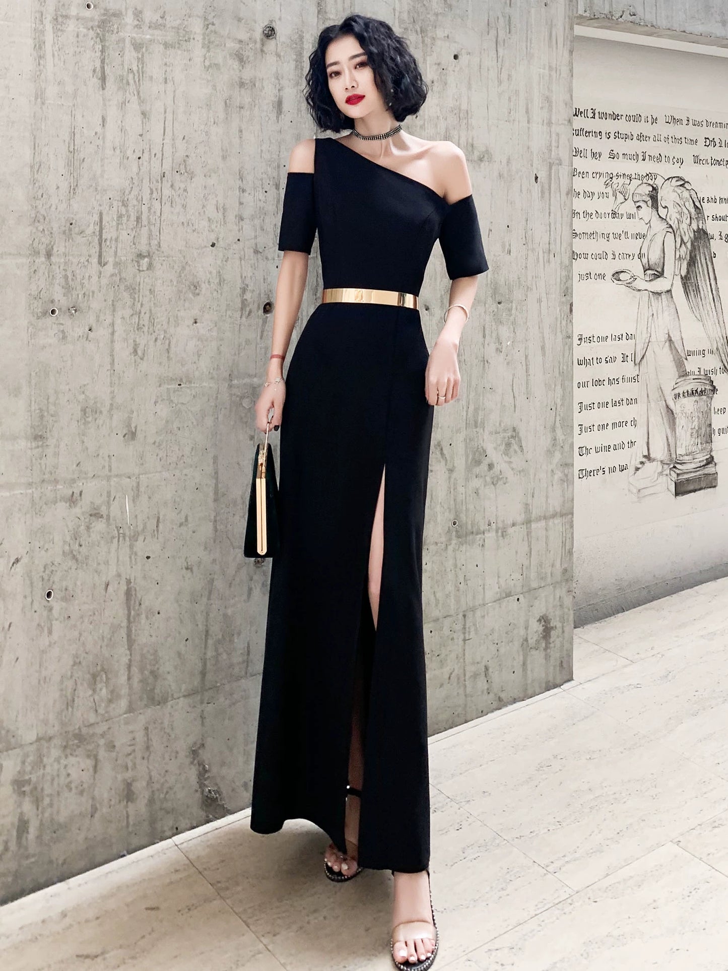 Black one-shoulder evening dress dress women can usually wear banquet temperament long noble aura queen birthday dress