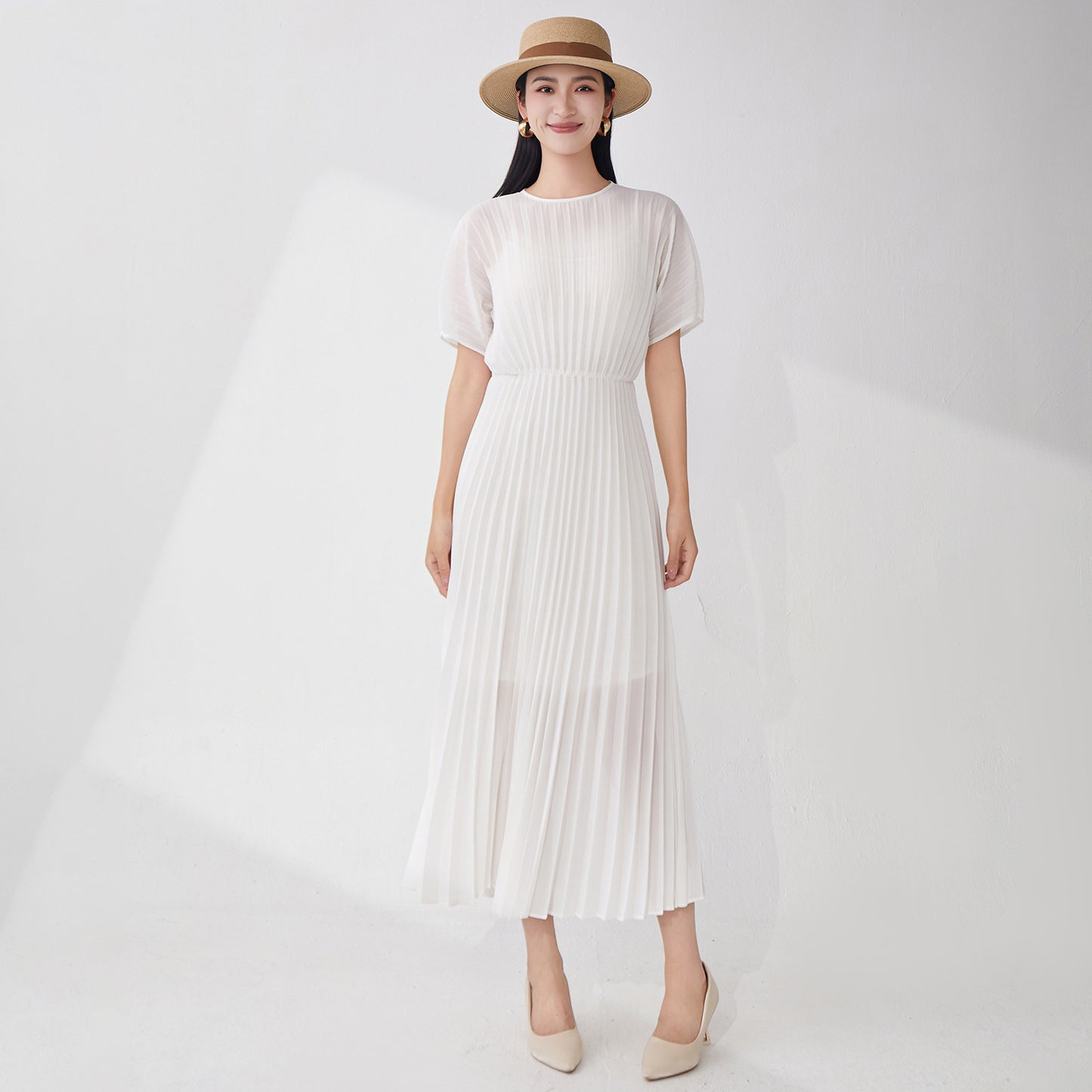 High-quality seaside skirt atmosphere vacation drape lining solid color chiffon waist temperament dress