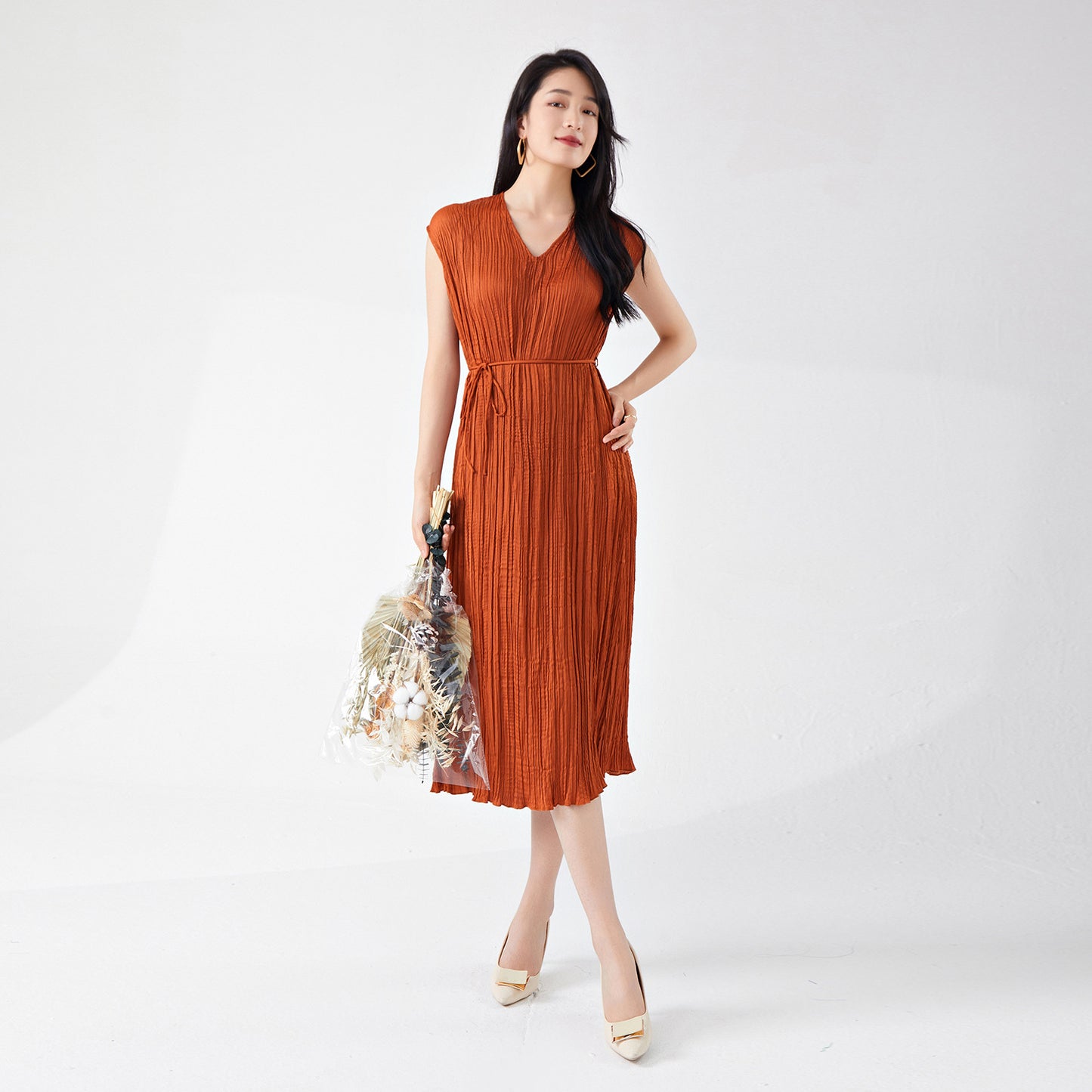 Women's clothing summer high-end wear loose large size lace-up and thin v-neck sleeveless a-word medium and long dress