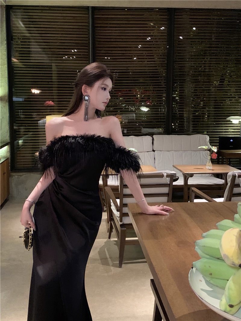 2025 temperament, high-end sense, shoulder dress, women's waist and thin dress, women's fringed design, long skirt