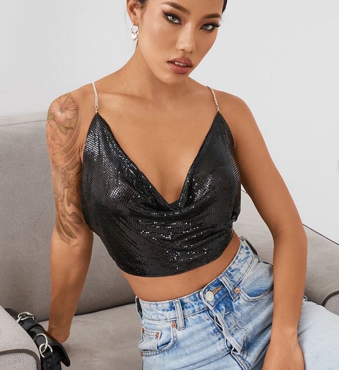 L4821Y sequined bright diamond vest 2025 nightclub style sexy metal chain hanging neck V-neck halter top small vest