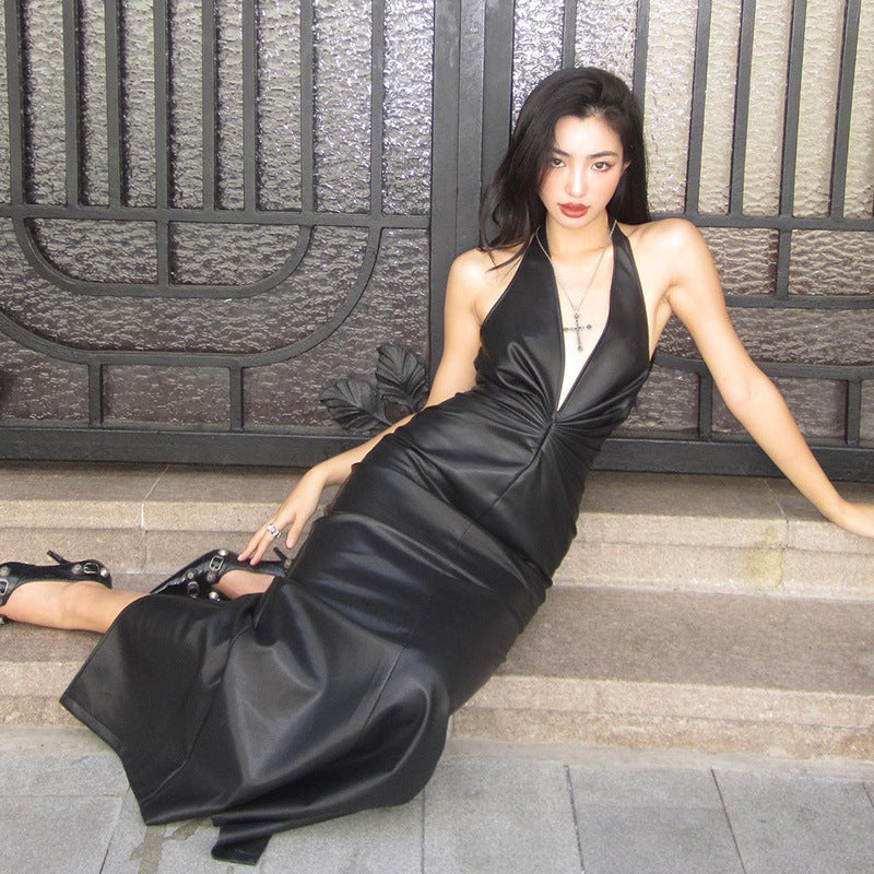 maoxiangshop-shop dress to impress PU Leather High-Grade Elegant Halter Dress New Nightclub Hot Girl Sexy Deep V Backless Sheath Dress