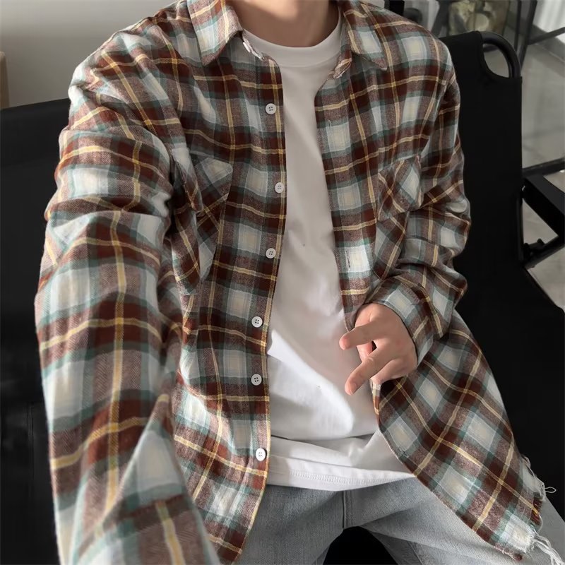 maoxiangshop-shop fall mens outfits American-Style Red Plaid Shirt Men's Spring and Summer New High Street Loose High-Grade Shirt Top