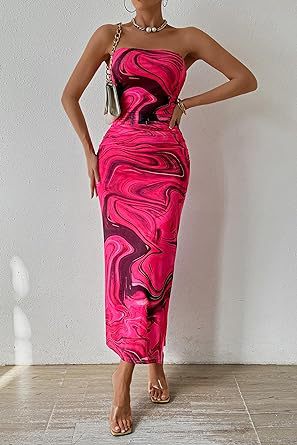 maoxiangshop 2024 Women's Clothing Spring and Summer New Tube Top and Hem Slit Sleeveless Printed Dress