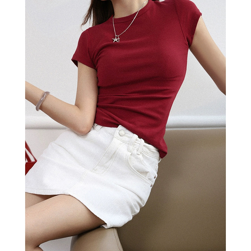 Paper Man Simple Versatile T-Shirt Summer popular New Crew Neck Front Shoulder Elastic Short Sleeve Top Women