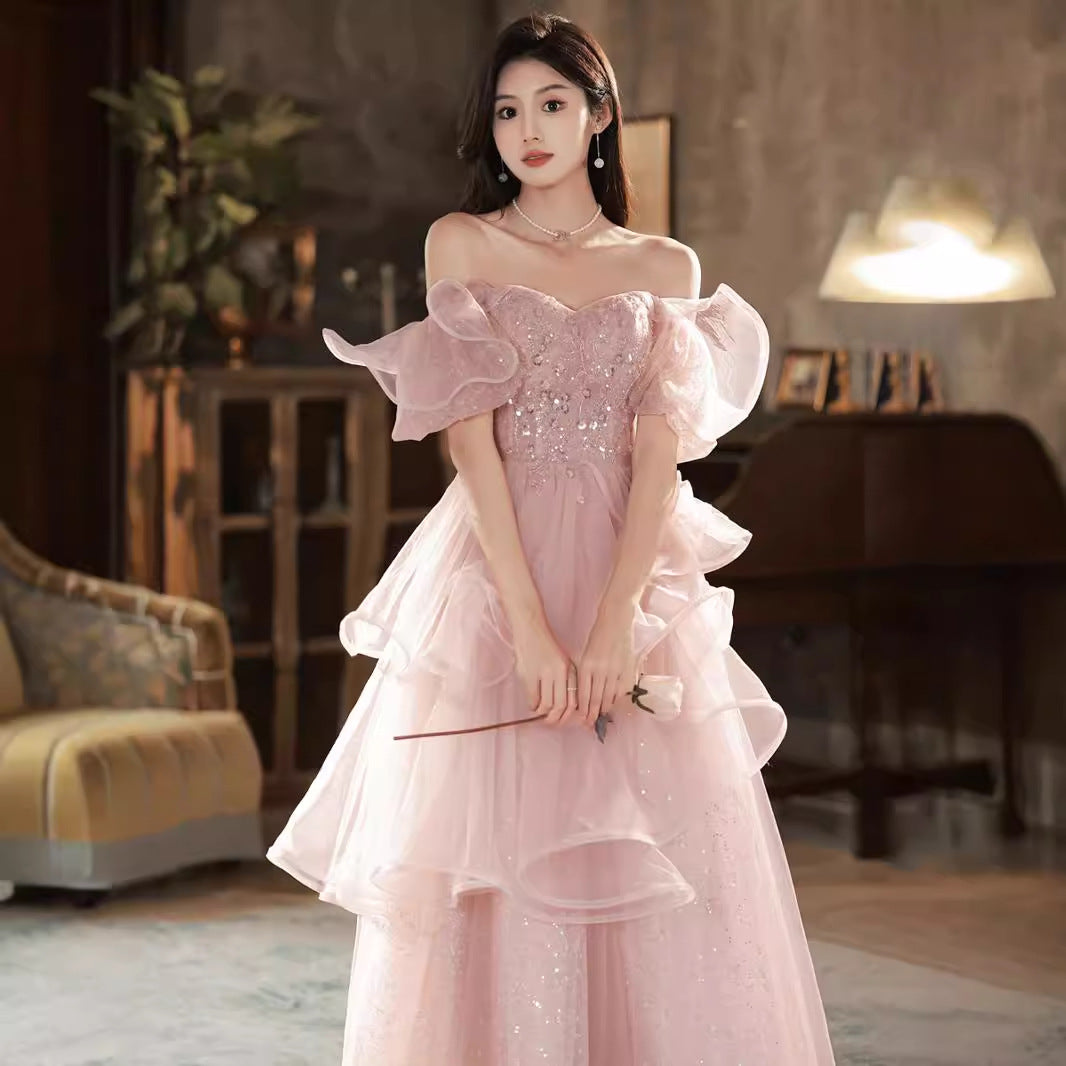 evening dress women's 2025 new temperament celebrity style presiding over art examination super fairy pink engagement banquet dress
